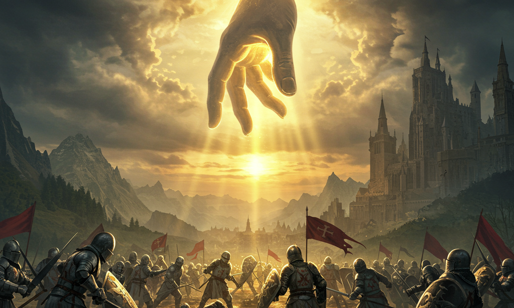 Concept art of a divine hand shaping the landscape